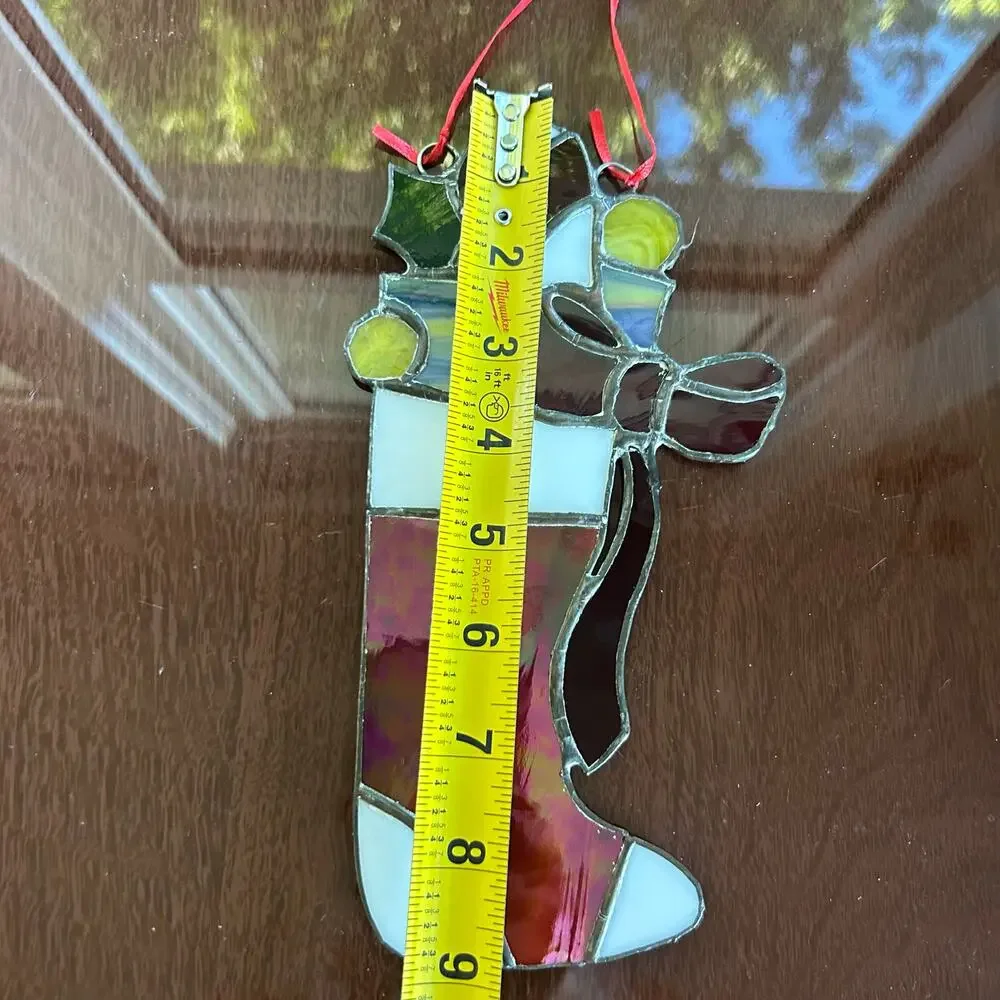 Vintage Stained Glass Christmas Stocking – 9” Iridescent Holiday Suncatcher